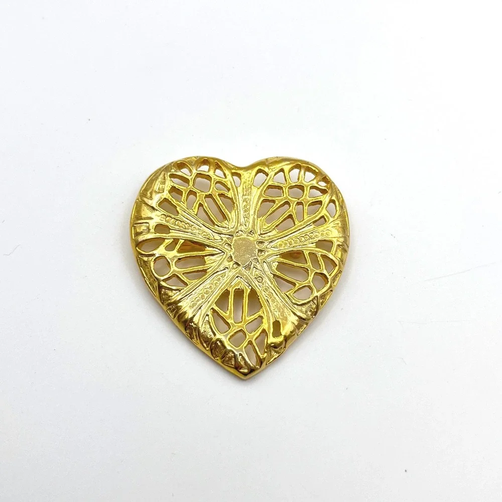 Gold Tone Openwork Filigree Heart Brooch Pin Ornate Sunburst Design 1.75‎ Inch